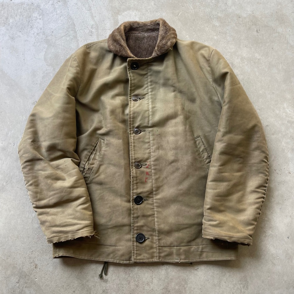 Vintage 40s USN N-1 Deck Jacket Khaki Alpaca Lined Distressed US Navy WWII